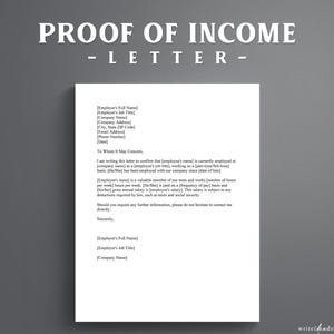 以下が含まれることがあります： PROOF OF INCOME - LETTERというタイトルの白い書類。雇用主と従業員の詳細（氏名、役職、会社住所、連絡先、雇用期間、給与情報など）を入力するためのプレースホルダーを含む黒いテキストが記載されています。