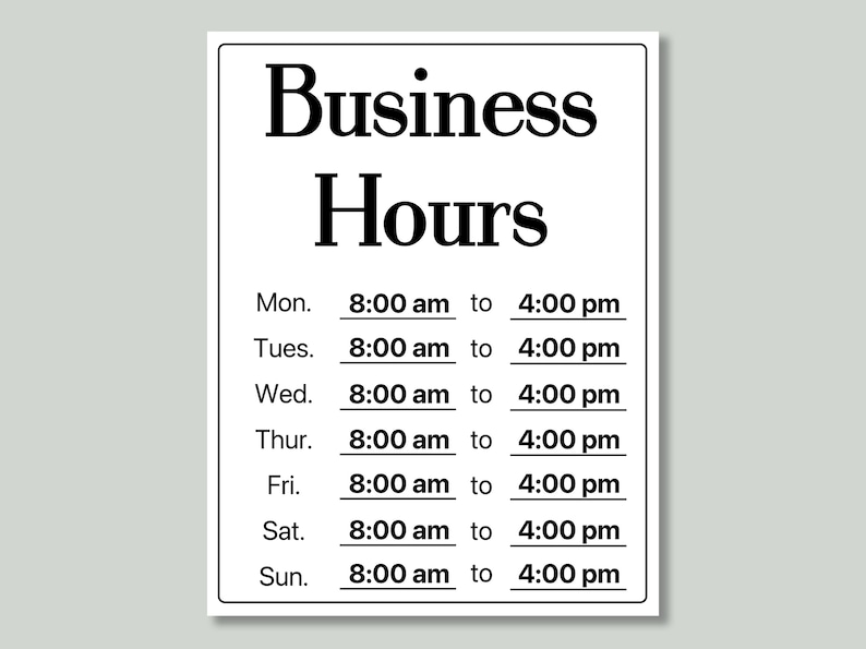 Printable Business Hours Sign Template