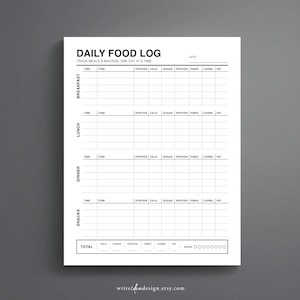 May include: A white daily food log sheet with black text and grid lines. The header reads DAILY FOOD LOG and TRACK MEALS & MACROS, ONE DAY AT A TIME. Sections include Breakfast, Lunch, Dinner, and Snacks with columns for time, item, portion, cals, sugar, protein, fiber, carbs, and fat. A total section is at the bottom.