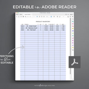 May include: A computer screen displaying a product inventory spreadsheet with columns for date, product, quantity, cost, sales price, discount, and profit. The spreadsheet is editable in Adobe Reader.