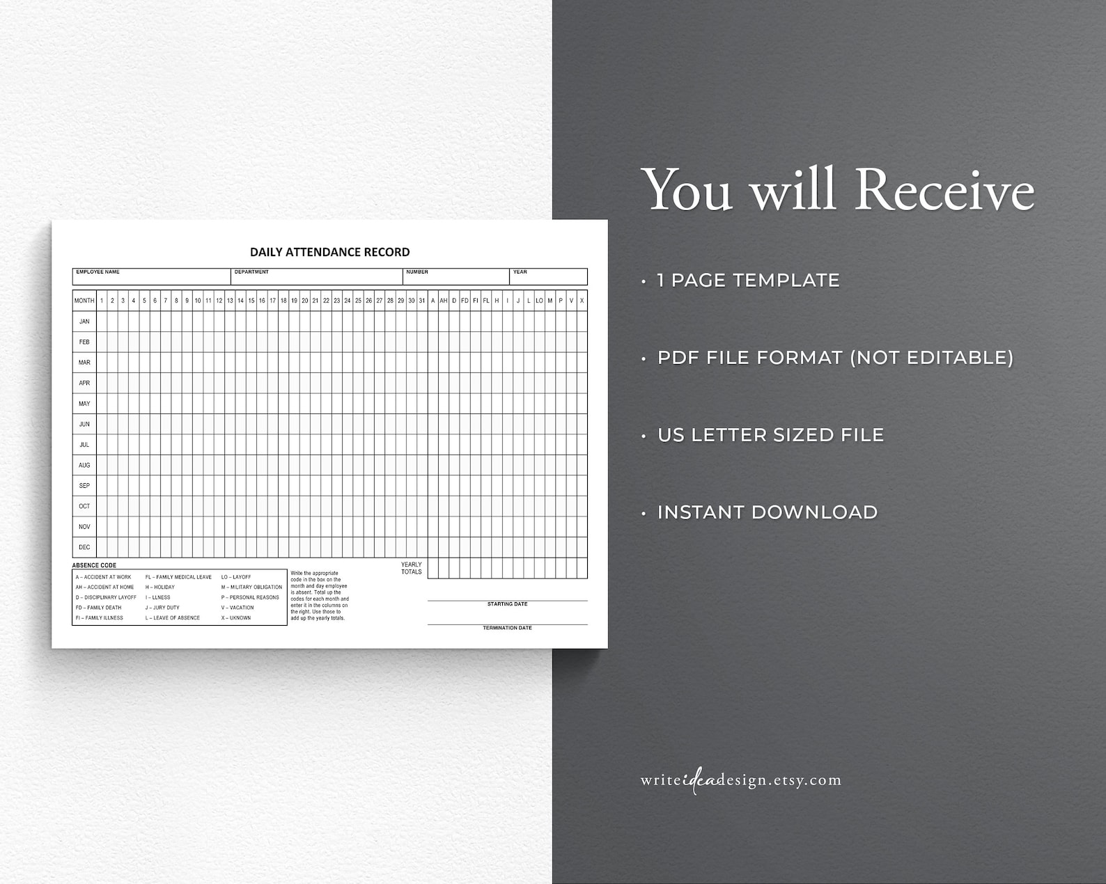 Employee Attendance Tracker: Printable Absence Log (PDF) - Etsy