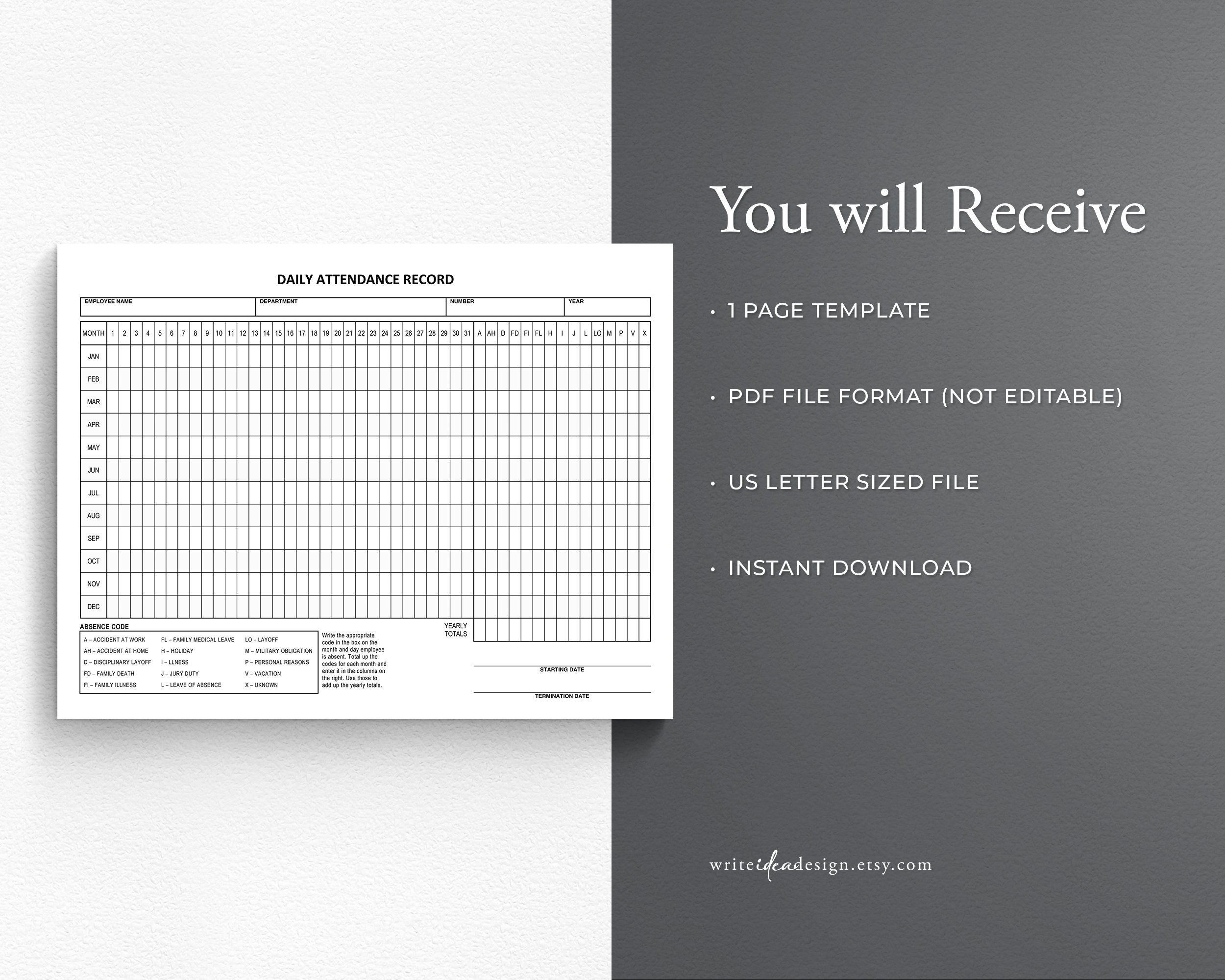 Employee Attendance Tracker: Printable Absence Log (PDF) - Etsy