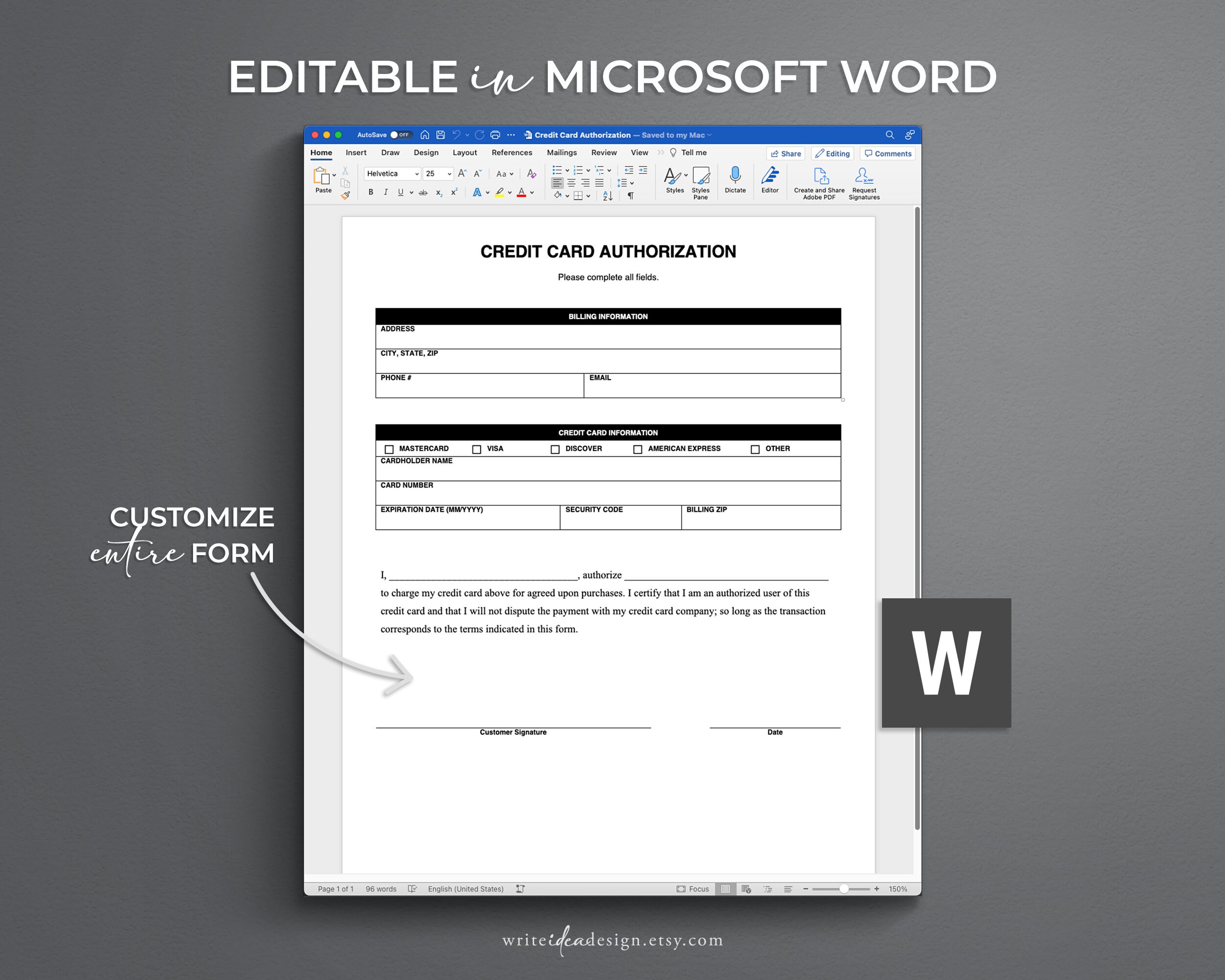 Credit Card Authorization. Pdf/google Docs/word. Credit Card Billing ...