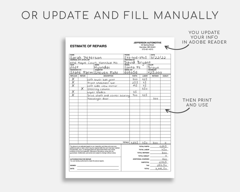 Auto Repair Estimate. Body Shop Estimate. Auto Body Estimator. Etsy