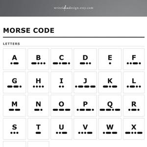 Pode incluir: Uma tabela de refer&ecirc;ncia branca intitulada MORSE CODE com o subt&iacute;tulo LETTERS. A grade exibe cada letra do alfabeto de A a X em preto, emparelhada com a sua sequ&ecirc;ncia correspondente de pontos e tra&ccedil;os em c&oacute;digo Morse em fonte preta.