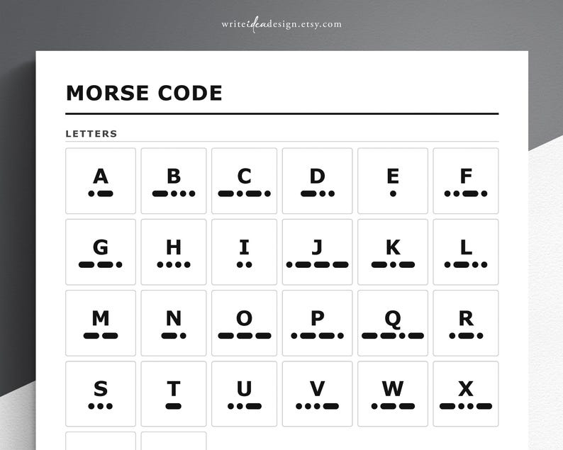 Pode incluir: Uma tabela de refer&ecirc;ncia branca intitulada MORSE CODE com o subt&iacute;tulo LETTERS. A grade exibe cada letra do alfabeto de A a X em preto, emparelhada com a sua sequ&ecirc;ncia correspondente de pontos e tra&ccedil;os em c&oacute;digo Morse em fonte preta.