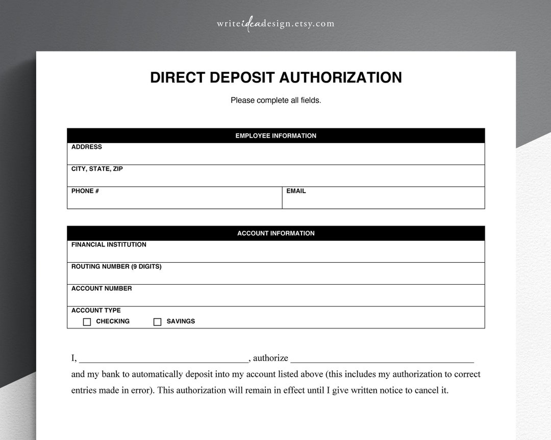 direct deposit authorization. google docs/word/adobe pdf. - etsy hong kong