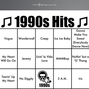 Muziekhits uit de jaren 90 Bingo: 200 bingokaarten. Bingopartyspel uit de jaren 90. Feestspel uit de jaren 90