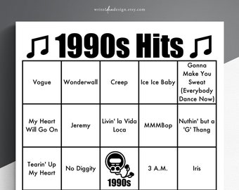 1990s Music Hits Bingo - 200 Bingo Cards. 90s Bingo Party Game. 1990s Party Game