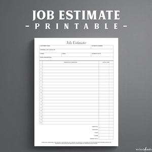 May include: A white printable job estimate form featuring black text and lines. The document includes fields for customer name, address, phone, email, estimate number, and date, with a numbered table for products, services, and costs, plus a grand total.