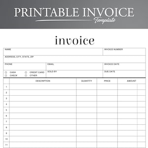 Puede incluir: Plantilla de factura imprimible con campos para nombre, dirección, teléfono, correo electrónico, número de factura, fecha de factura, fecha de vencimiento, descripción, cantidad, precio e importe. La plantilla también incluye opciones de métodos de pago: efectivo, cheque o tarjeta de crédito.