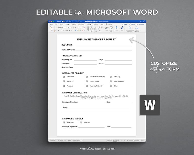 Employee Time-off Request Template. Vacation Request Form. PTO Request Template. image 5