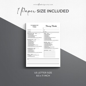 May include: A printable cleaning checklist template in black and white. The checklist includes sections for different areas of a building, such as the reception area, bathrooms, conference rooms, and more. The template is designed for use by cleaning professionals and includes a space for the company name, date, and client name. The template is 8.5 x 11 inches.