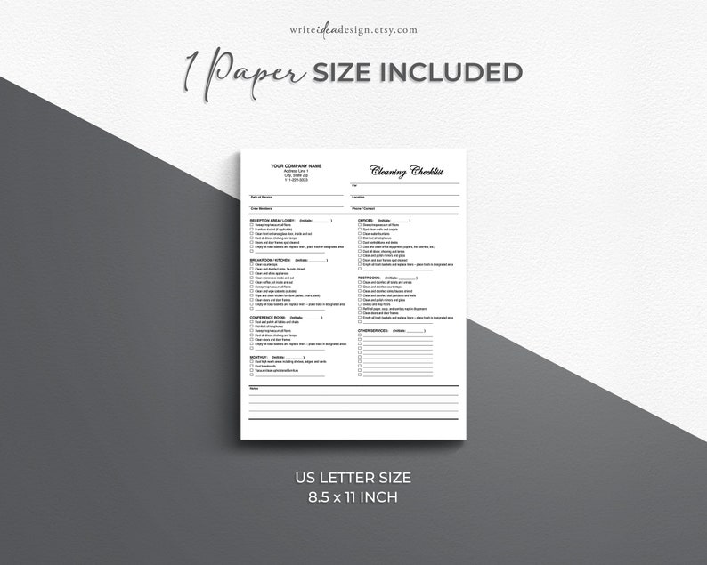 May include: A printable cleaning checklist template in black and white. The checklist includes sections for different areas of a building, such as the reception area, bathrooms, conference rooms, and more. The template is designed for use by cleaning professionals and includes a space for the company name, date, and client name. The template is 8.5 x 11 inches.