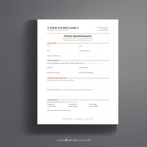 May include: A white client questionnaire form for photography services featuring black text and light peach horizontal accents. The document includes sections for contact information, session details, participant names, and style preferences.