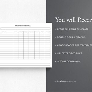 May include: A black and white printable employee work schedule template. The template includes a section for the week of, employee, and days of the week, Sunday through Saturday. The template also includes a notes section.