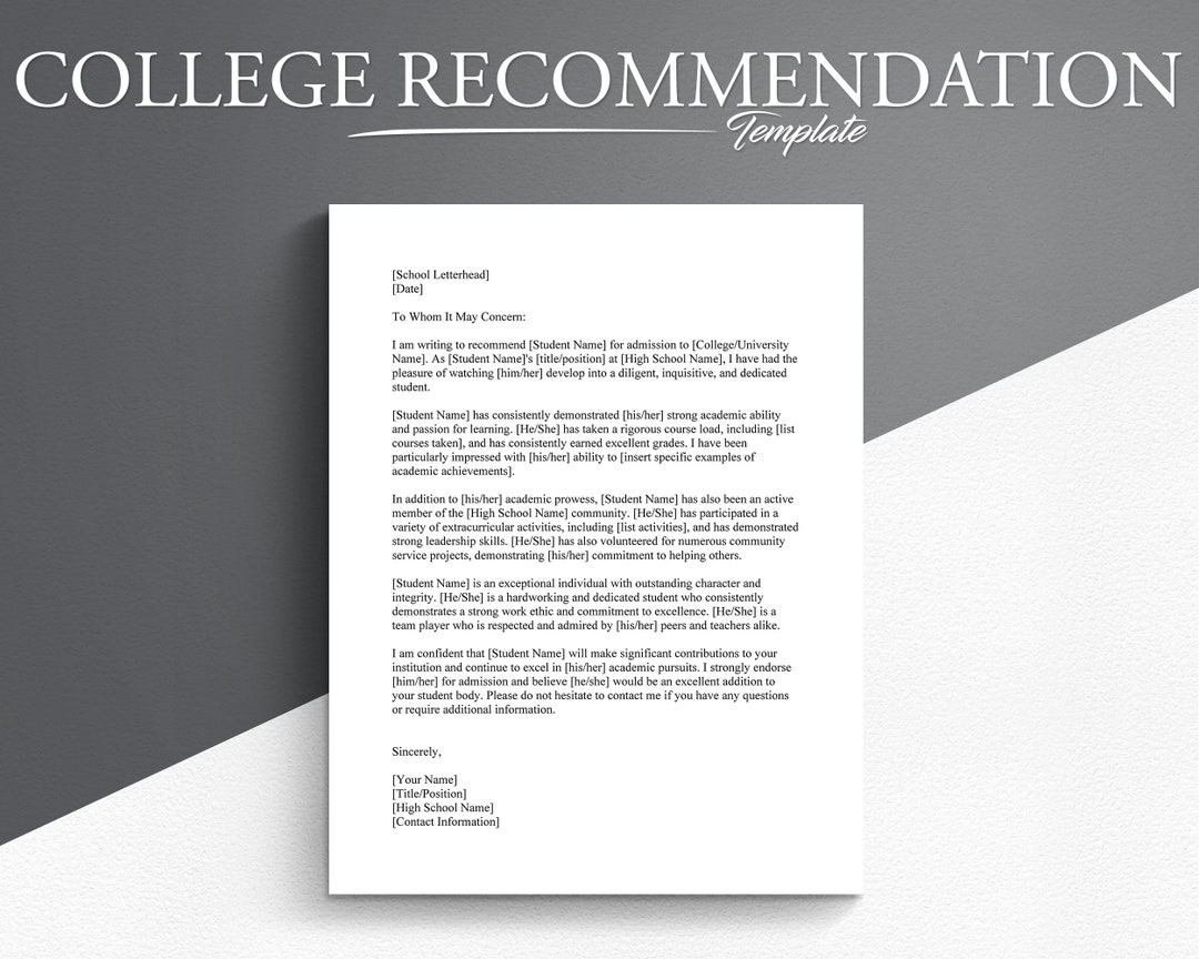College Admission Recommendation Letter Template. Google Docs/microsoft