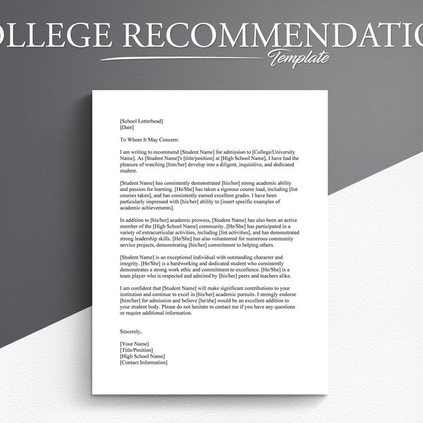 College Admission Recommendation Letter Template. Google Docs/Microsoft Word. College Admission Letter