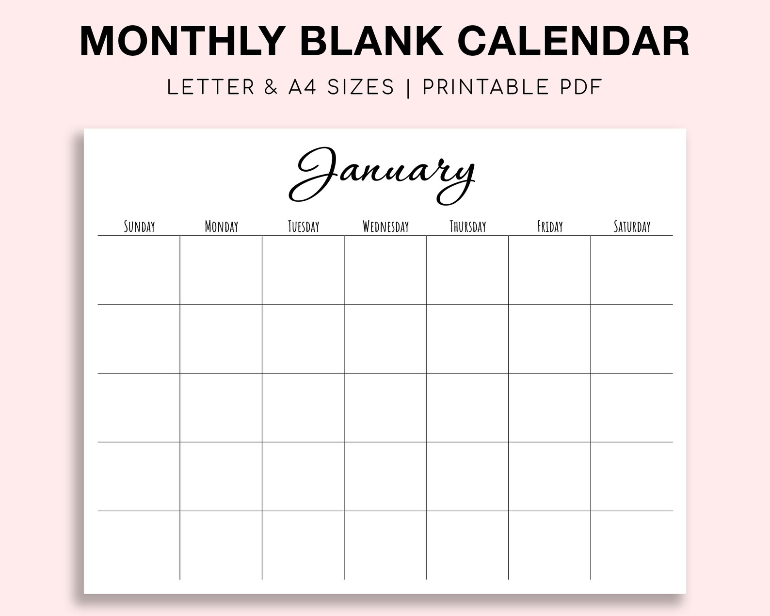 Printable Blank Monthly Calendar. Monday/sunday Start. - Etsy