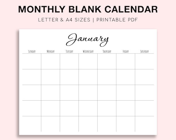 Printable Blank Monthly Calendar. Monday/sunday Start. - Etsy