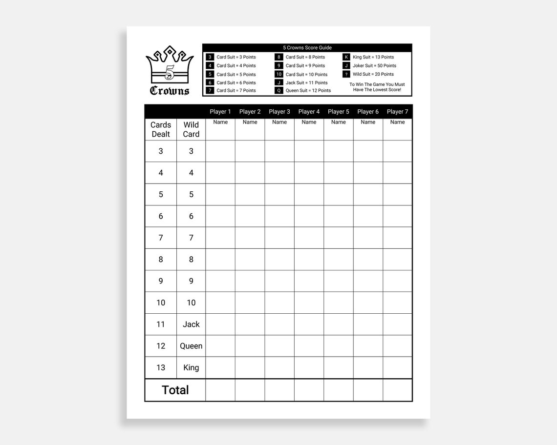 Five Crowns Printable Score Sheet