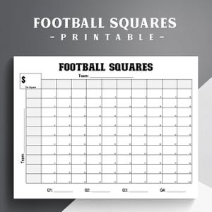 Printable Football Squares PDF | 100 Square Football Pool Template for Game Day Parties, Office Pools, Fundraisers & Football Games