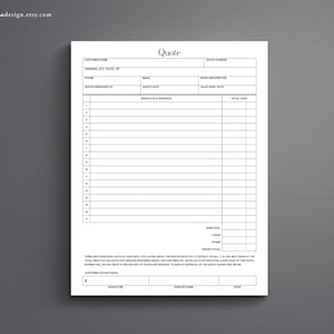 May include: A black and white printable quote template with fields for customer name, address, phone, email, quote prepared by, quote date, work description, valid until date, products and services, total cost, subtotal, taxes, other, and grand total. The template also includes a customer acceptance section with fields for signature, printed name, and date.