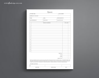 May include: A black and white printable quote template with fields for customer name, address, phone, email, quote prepared by, quote date, work description, valid until date, products and services, total cost, subtotal, taxes, other, and grand total. The template also includes a customer acceptance section with fields for signature, printed name, and date.