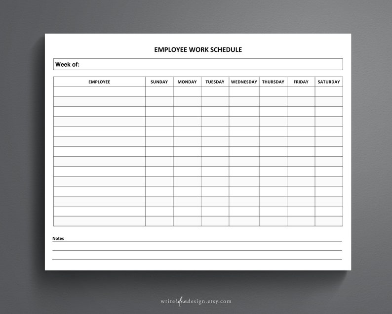 May include: A black and white printable employee work schedule template with the text "EMPLOYEE WORK SCHEDULE" at the top. The template includes columns for "Employee", "Sunday", "Monday", "Tuesday", "Wednesday", "Thursday", "Friday", and "Saturday".