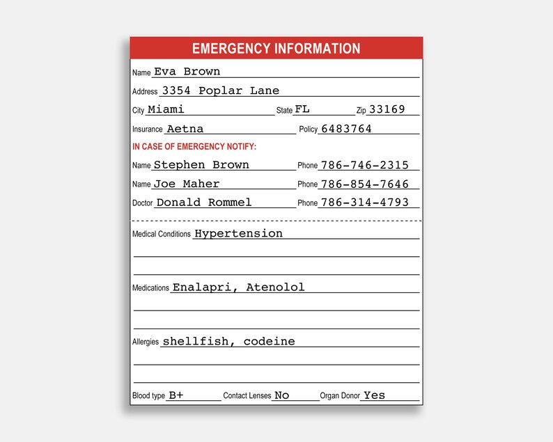 Printable Emergency Information Cards. Medical Alert ID. Etsy