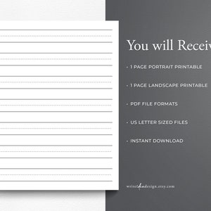 May include: A printable lined paper template for writing. The image shows a preview of the printable paper in portrait orientation. The text "You will Receive" is listed with bullet points describing the digital download: 1 page portrait printable, 1 page landscape printable, PDF file formats, US letter sized files, instant download.