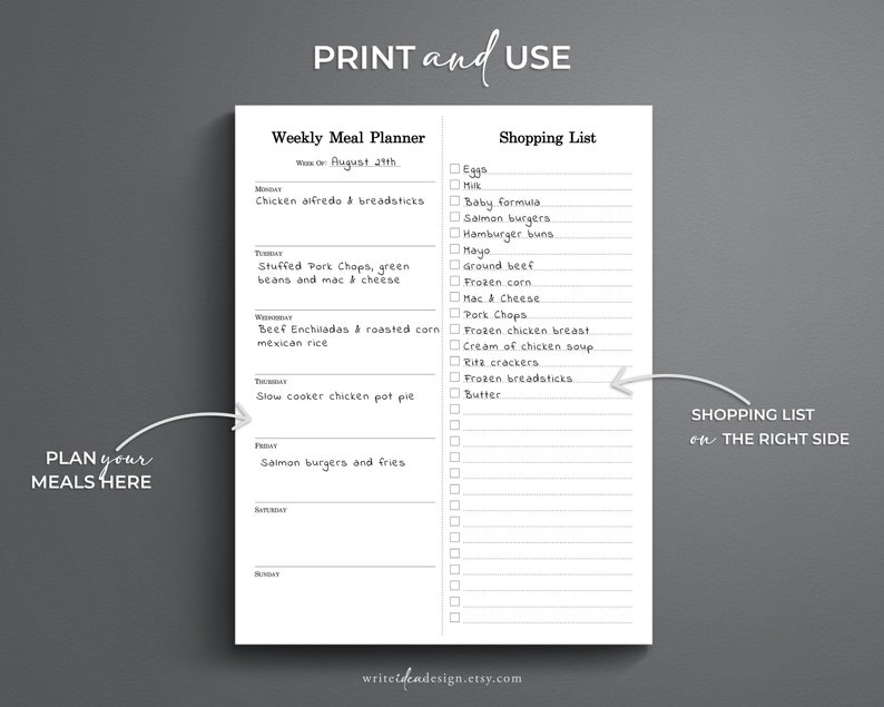Weekly Meal Planner Printable | Minimalist Shopping List (PDF) - Etsy