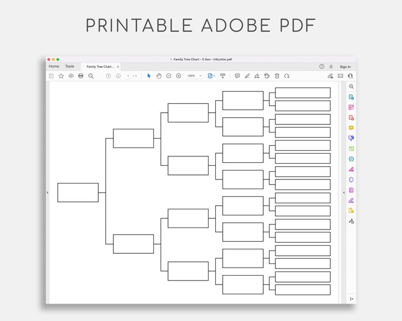 May include: Printable family tree chart in Adobe PDF format. The chart is a blank template with boxes for names and dates. It is designed to be used for creating a family tree.