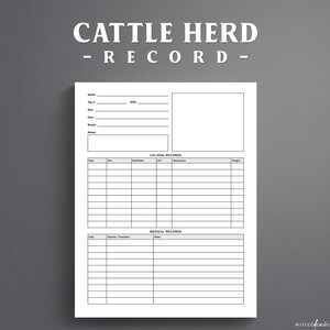 May include: A white paper form titled CATTLE HERD RECORD with sections for animal details, a large blank box, and tables for CALVING RECORDS and MEDICAL RECORDS. The form includes fields for name, tag, DOB, sire, dam, breed, and notes in black text.