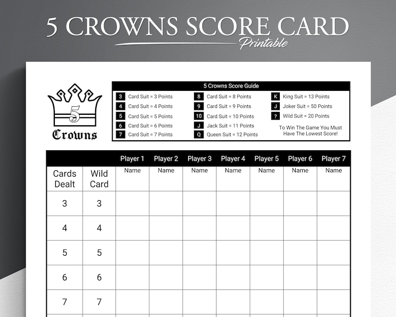 5 Crowns Score Card. 5 Crowns Printable Score Card. 5 Crowns Etsy