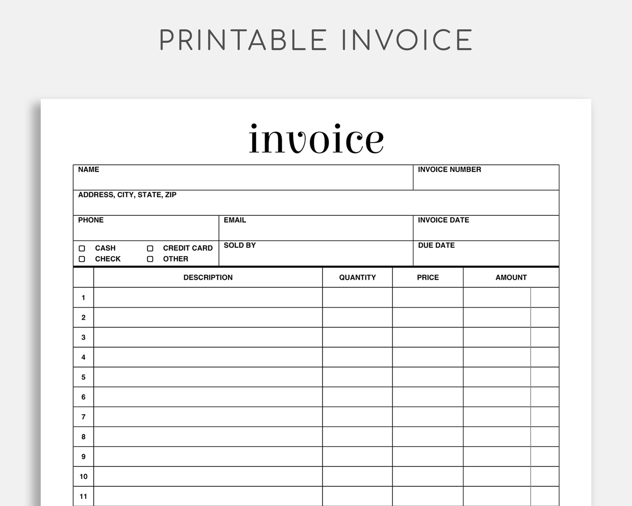 printable invoice form business invoice easy and simple etsy