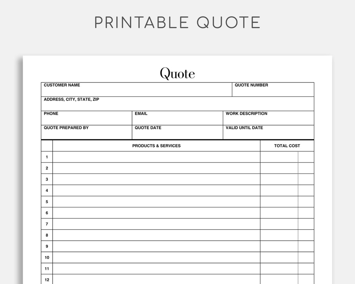 Printable Quote Template. Quote Form. Job Proposal Template. Etsy