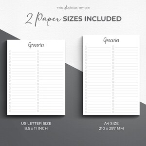 May include: Two printable grocery list templates in US Letter (8.5 x 11 inches) and A4 (210 x 297 mm) sizes. Each template features a simple design with a title "Groceries" and a column of checkboxes.