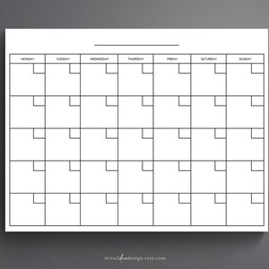 Blank Monthly Calendar Printable Calendar Digital Calendar PDF Print