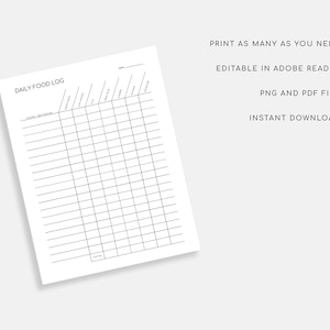 May include: A printable daily food log template with columns for food, protein, fat, carbs, fiber, and calories. The template is editable in Adobe Reader and available as a PNG and PDF file.