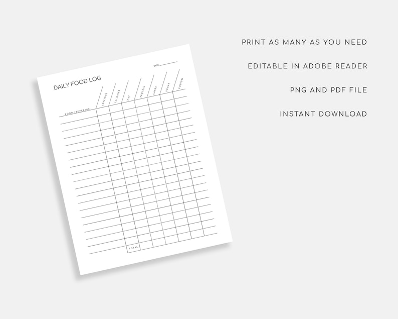 May include: A printable daily food log template with columns for food, protein, fat, carbs, fiber, and calories. The template is editable in Adobe Reader and available as a PNG and PDF file.