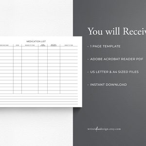 May include: Printable medication list template in black and white. The template includes columns for medication name, dose, reason to take, date started, doctor/pharmacy, and when to take. The template also includes a notes section.