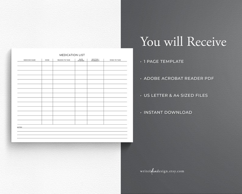 May include: Printable medication list template in black and white. The template includes columns for medication name, dose, reason to take, date started, doctor/pharmacy, and when to take. The template also includes a notes section.