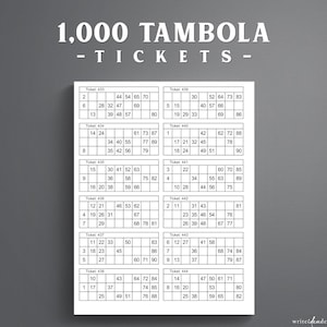May include: A white sheet containing twelve individual Tambola tickets arranged in two columns. Each ticket features a grid with various numbers printed in black ink. The text 1,000 TAMBOLA - T I C K E T S - is displayed in white at the top of the image.