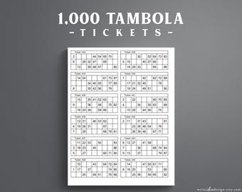 Druckbares Set mit 1.000 Tambola-Eintrittskarten. 12 Tickets pro Seite. 84 Seiten. Housie Ticket. Indisches Bingo.