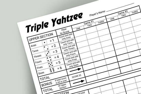 triple yahtzee score card triple yahtzee printable score etsy