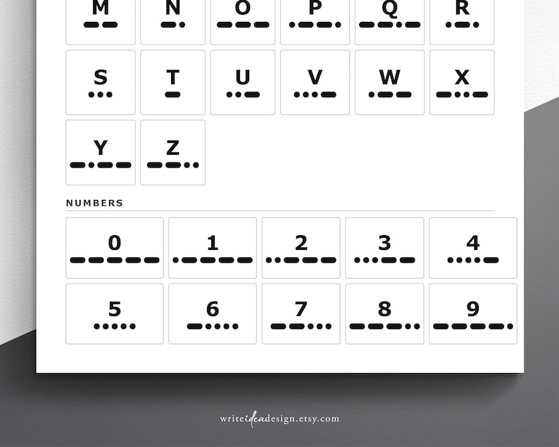Pode incluir: Uma tabela de refer&ecirc;ncia branca com s&iacute;mbolos de c&oacute;digo Morse em preto para as letras M a Z e os n&uacute;meros 0 a 9. Cada caractere est&aacute; contido em uma borda quadrada preta fina com a sequ&ecirc;ncia de pontos e tra&ccedil;os impressa abaixo.