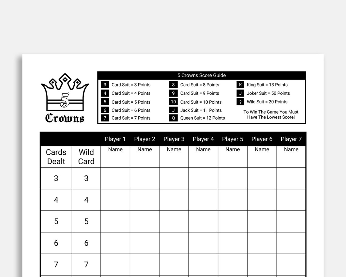Free Printable Five Crowns Score Sheet