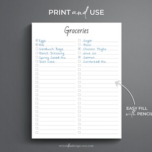 May include: A printable grocery list with checkboxes. The list is divided into two columns, one for "Groceries" and one for "Easy Fill with Pencil/Pen". The "Groceries" column includes items such as eggs, milk, sandwich bags, ranch dressing, spring salad mix, diet coke, sugar, flour, chicken thighs, olive oil, salmon, and cornbread mix.