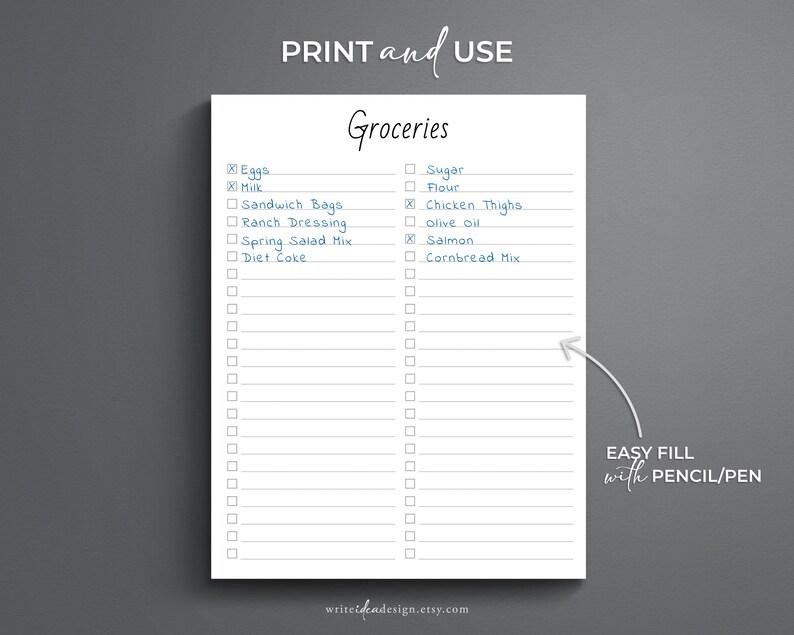 May include: A printable grocery list with checkboxes. The list is divided into two columns, one for "Groceries" and one for "Easy Fill with Pencil/Pen". The "Groceries" column includes items such as eggs, milk, sandwich bags, ranch dressing, spring salad mix, diet coke, sugar, flour, chicken thighs, olive oil, salmon, and cornbread mix.